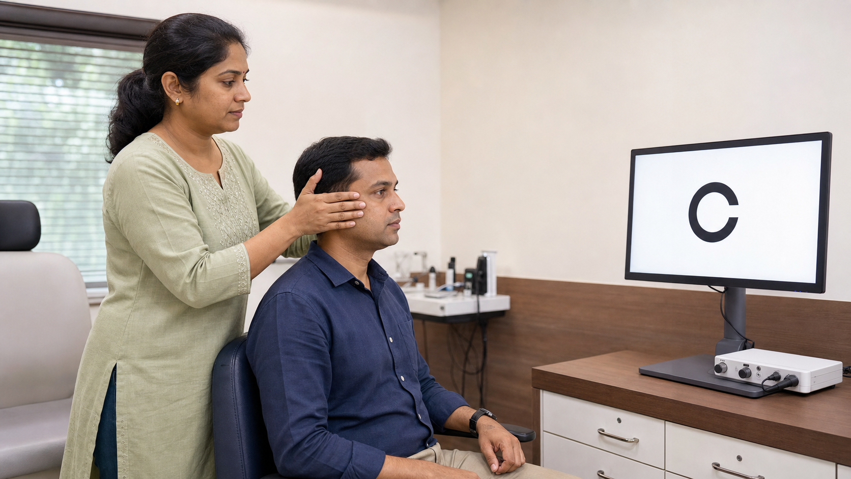 Functional head impulse test fHIT assessment with an Indian patient viewing a Landolt C