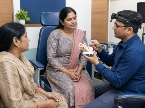 Kannauj patient discussing BPPV assessment with an ENT doctor and family member