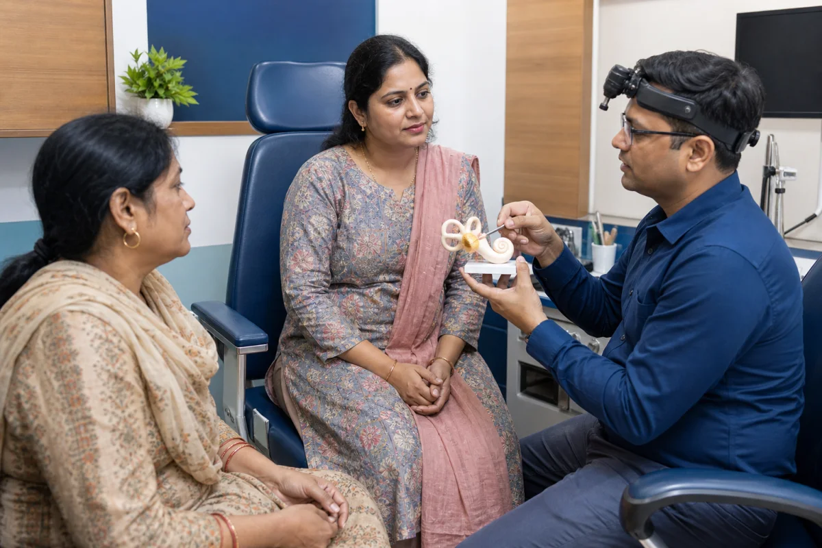 Kannauj patient discussing BPPV assessment with an ENT doctor and family member