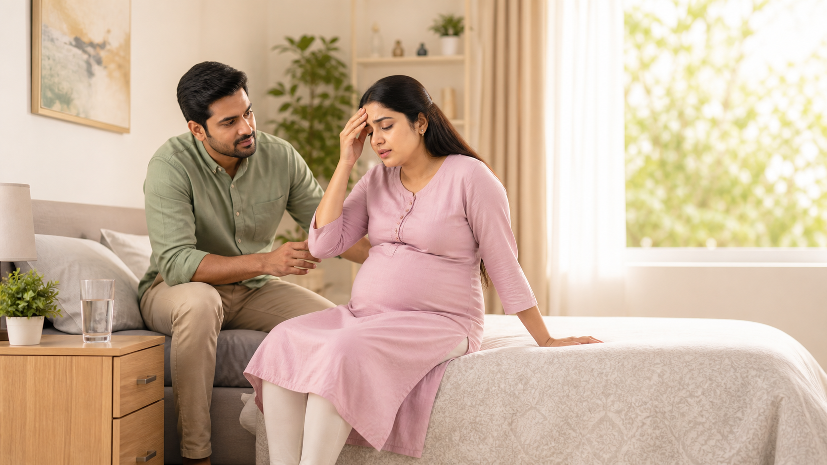 चक्कर महसूस होने पर सहारा लेकर सुरक्षित बैठी गर्भवती भारतीय महिला
