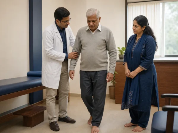 Sitapur patient having a supervised balance assessment with an ENT doctor and family member