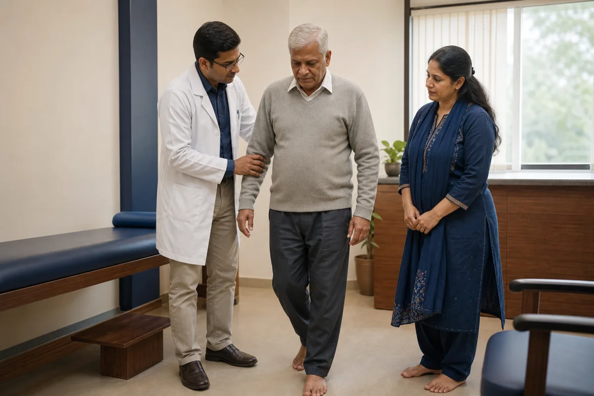 Sitapur patient having a supervised balance assessment with an ENT doctor and family member